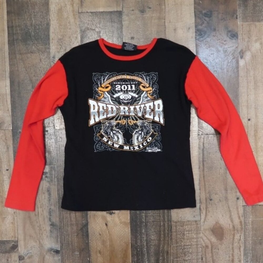 Biker's Edge Womans Large Red & Black Long Sleeve Motorcycle Tee 2011 Red River